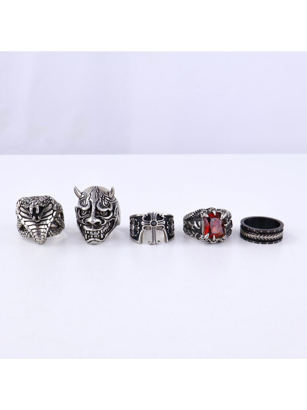 Mens Stainless Steel Biker Rings Lot Gothic Skull Cobra Cross Red Stone Set of 5